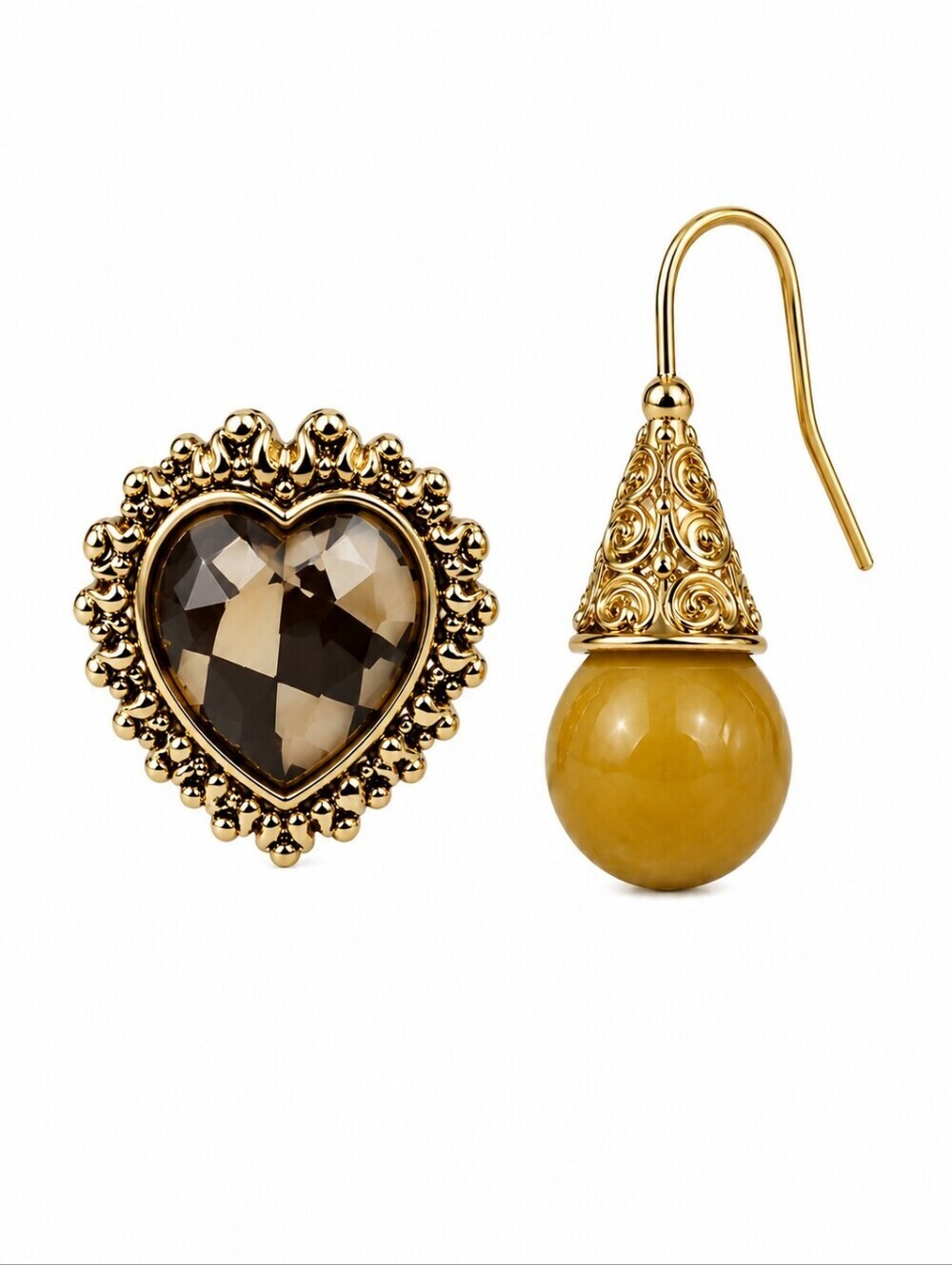 VTG Mismatched Checkered Heart Pearlesque Hook Earrings